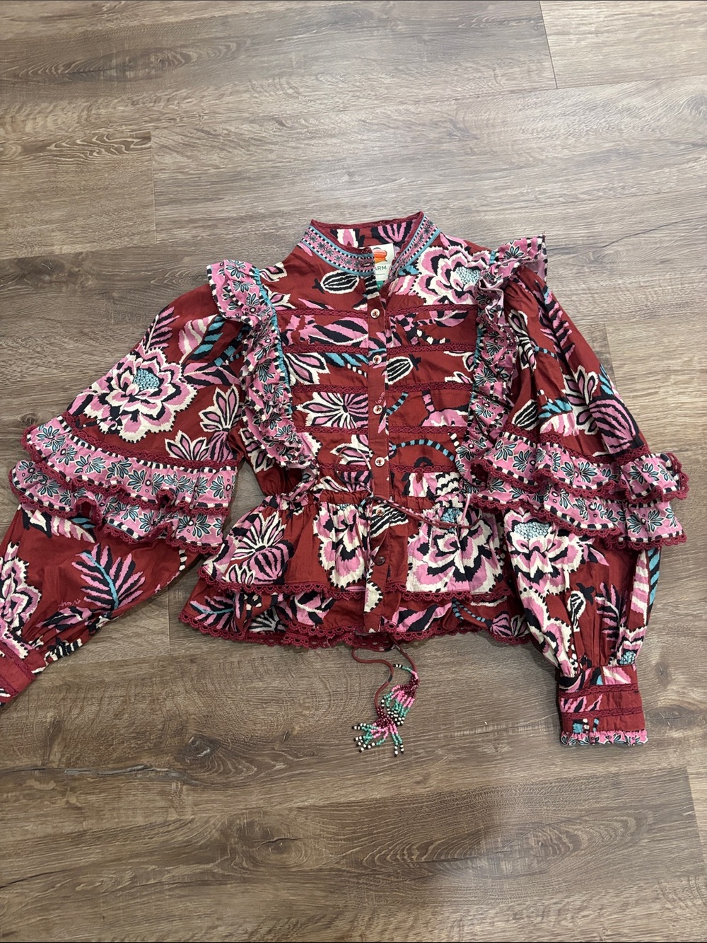 Farm Rio Burgundy Pineapple Inspiration Ruffle Blouse